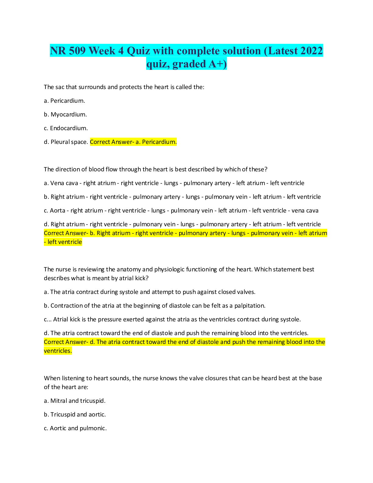 Preview image for NR 509 Week 4 Quiz with complete solution (Latest 2022 quiz, graded A+)